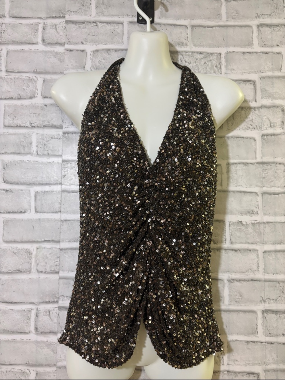 Scala Sequined Halter V-Neck Top in Bronze, size large